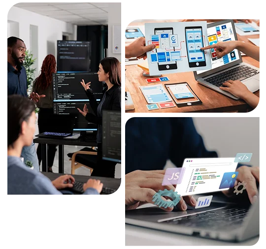A collage of individuals collaborating on laptops for web design.